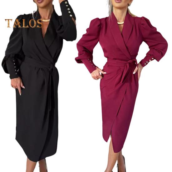 Moteriška formali suknelė verslo stiliaus atlenkiamu kaklu ilgomis rankovėmis vienspalvė liekninanti suvarstoma kryžiuota kardigano suknelė pavasarinė midi suknelė OL kelionėms į darbą