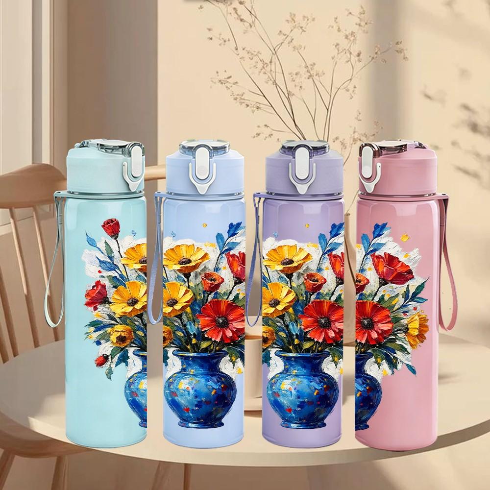 1PC Vase Bright Spring Bouquet 750ml Color Plastic Sports Water Bottle Leakproof Flip Straw Lid Suitable for Sports Office Home Use