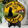 2D Flat, 1pc Vintage Cat Warning Sign - Drive Slowly Watch for Cats - Aluminum Metal Plaque - Retro Farmhouse Decor - Black & Yellow Safety