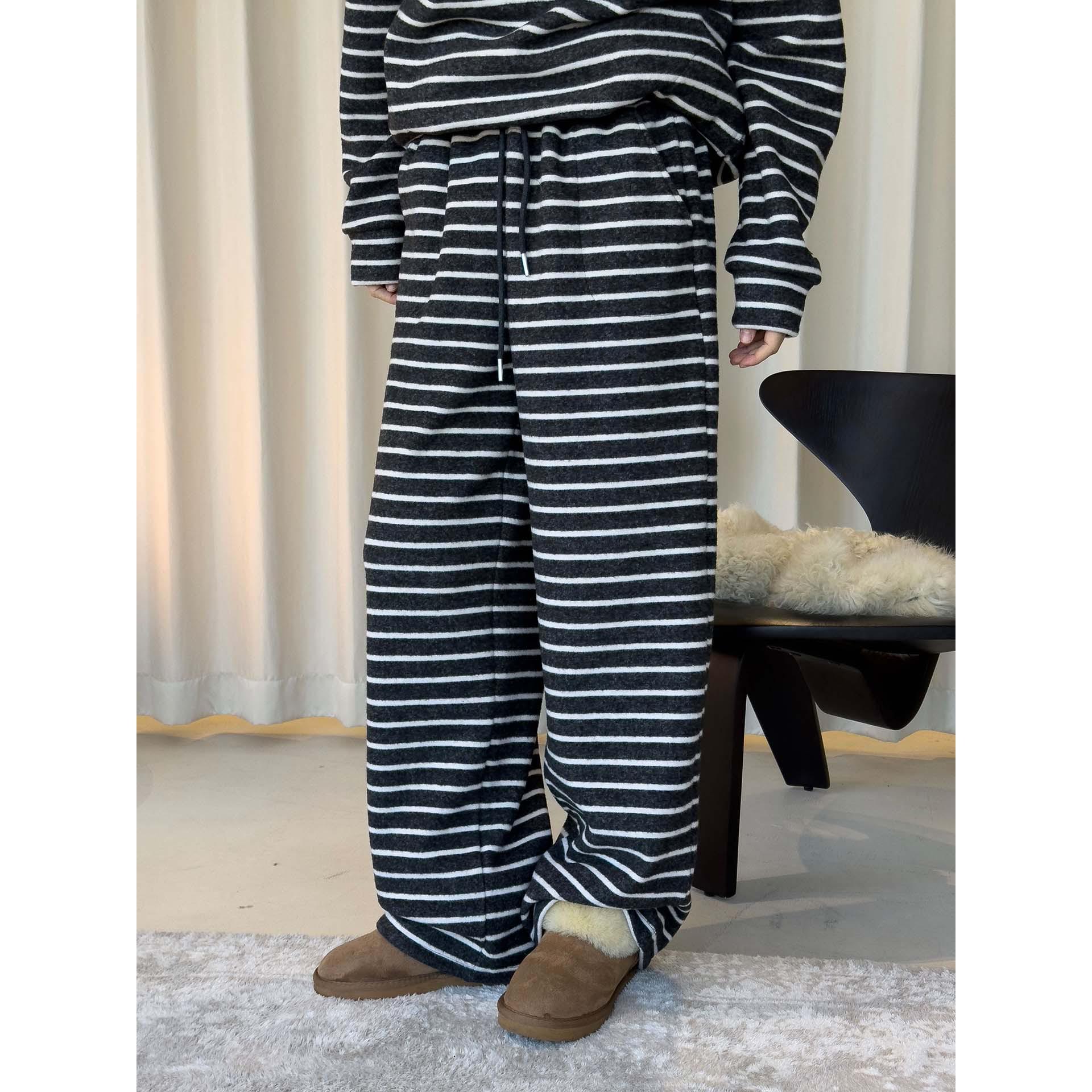 Louvre Winter Korean Retro Striped Fleece-Lined Casual Pants - Warm, Comfortable, Thick Women s Long Pants One Size