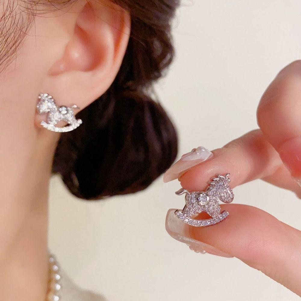 Chinese Style Crystal Zodiac Pony Earrings Cartoon New Year Ear Studs  New Year Gift