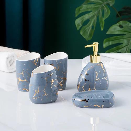 bathroom accessories set Marble gold pattern ceramics toothpaste dispenser soap box toothbrush holder bathroom cup lotion bottle
