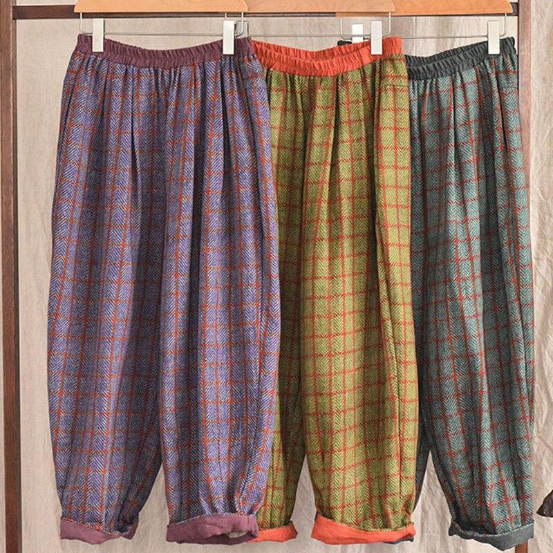 Johnature Women Plaid Straight Pants Spring Elastic Waist Vintage Loose All Match Cotton Linen Pockets Trouser