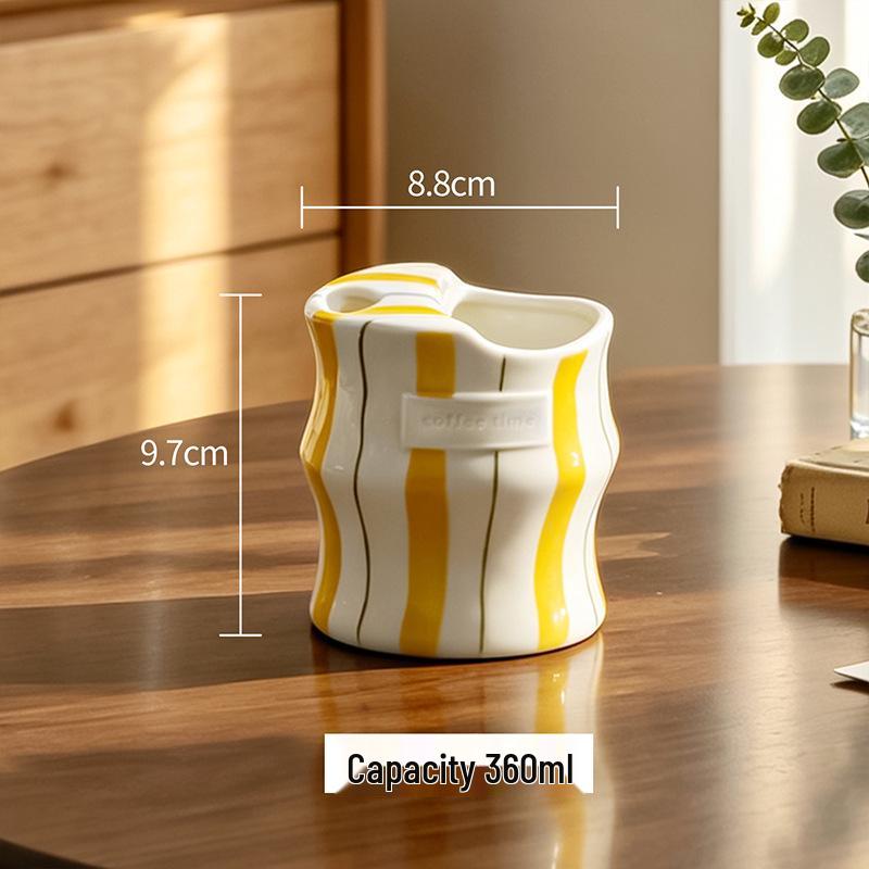 Ceramic Hand-Painted Striped Coffee Mug with Straw