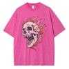 Men's Flame Skull Printed T-shirt Thick Cotton Washed T-shirt,Large Retro Top