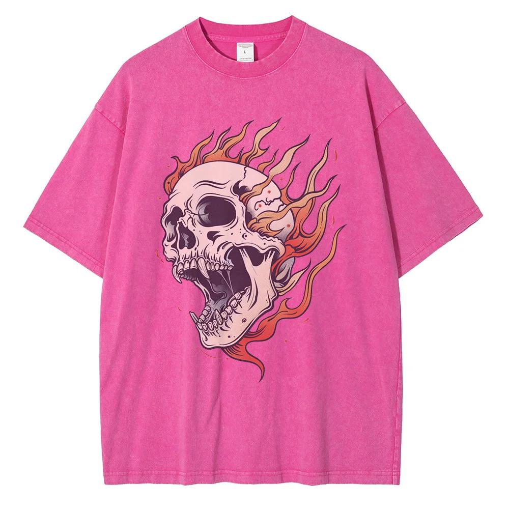 Men's Flame Skull Printed T-shirt Thick Cotton Washed T-shirt,Large Retro Top