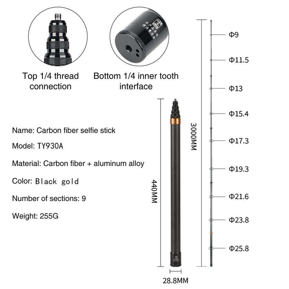 For Insta360 Invisible Selfie Stick 300CM Carbon Fiber Extended Selfie Stick For Insta360 X3 GoPro 12 11 10 Action Selfie Stick
