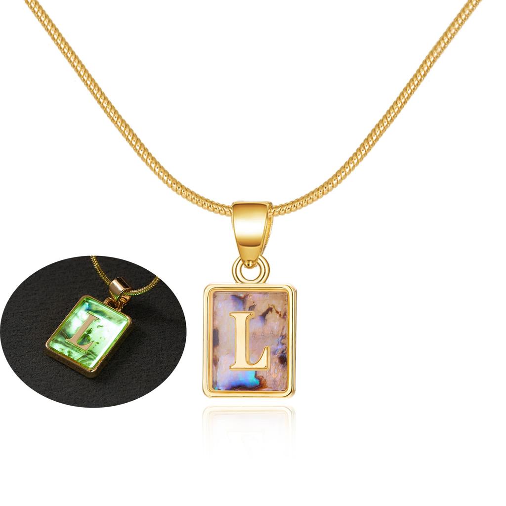 Colored Shell Luminous 26 Letter Square Brand Pendant Snake Bone Chain Necklace Couple Letter Necklace