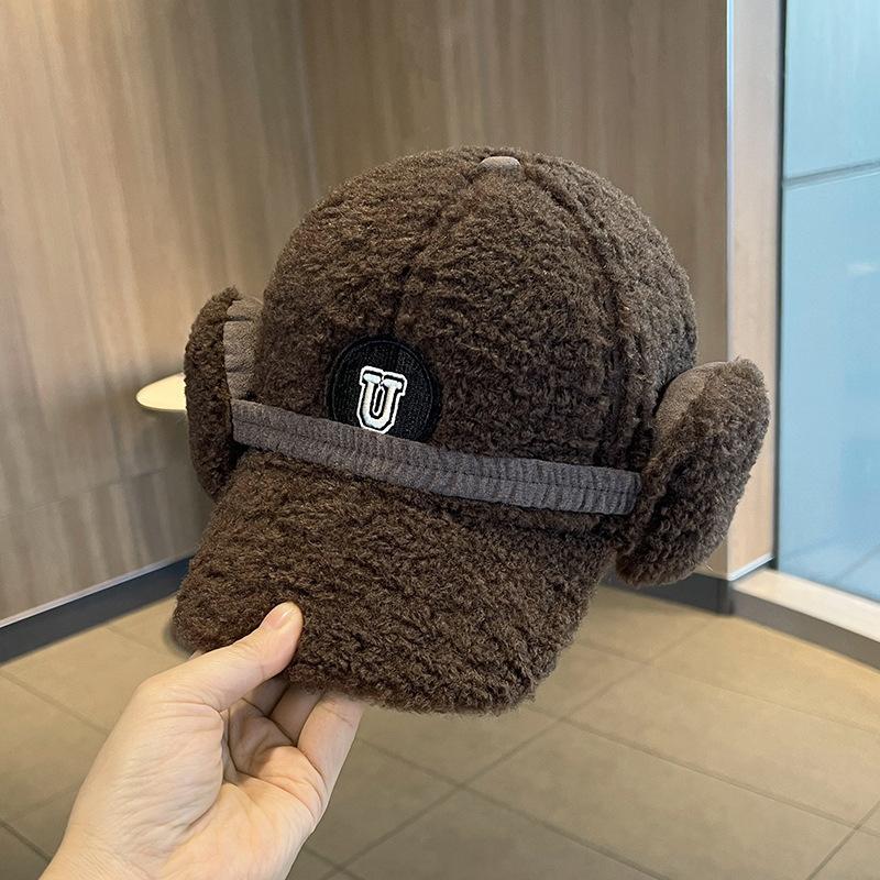 Versatile letter soft top plush cap lamb wool baseball cap women's winter thickened warm ear hat
