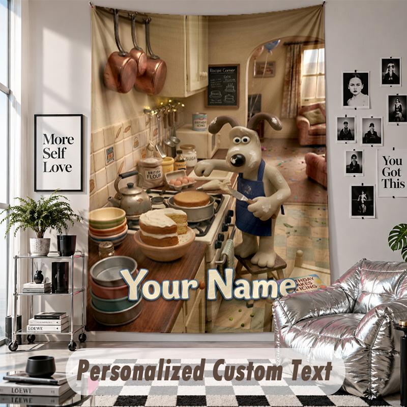 Custom Tapestry Wall Hanging, Wallace & Gromit Personalized Name Text Home Wall Decor