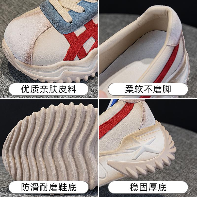 Thick-soled shallow-mouth dad shoes spring and autumn new leather small sports and leisure shoes