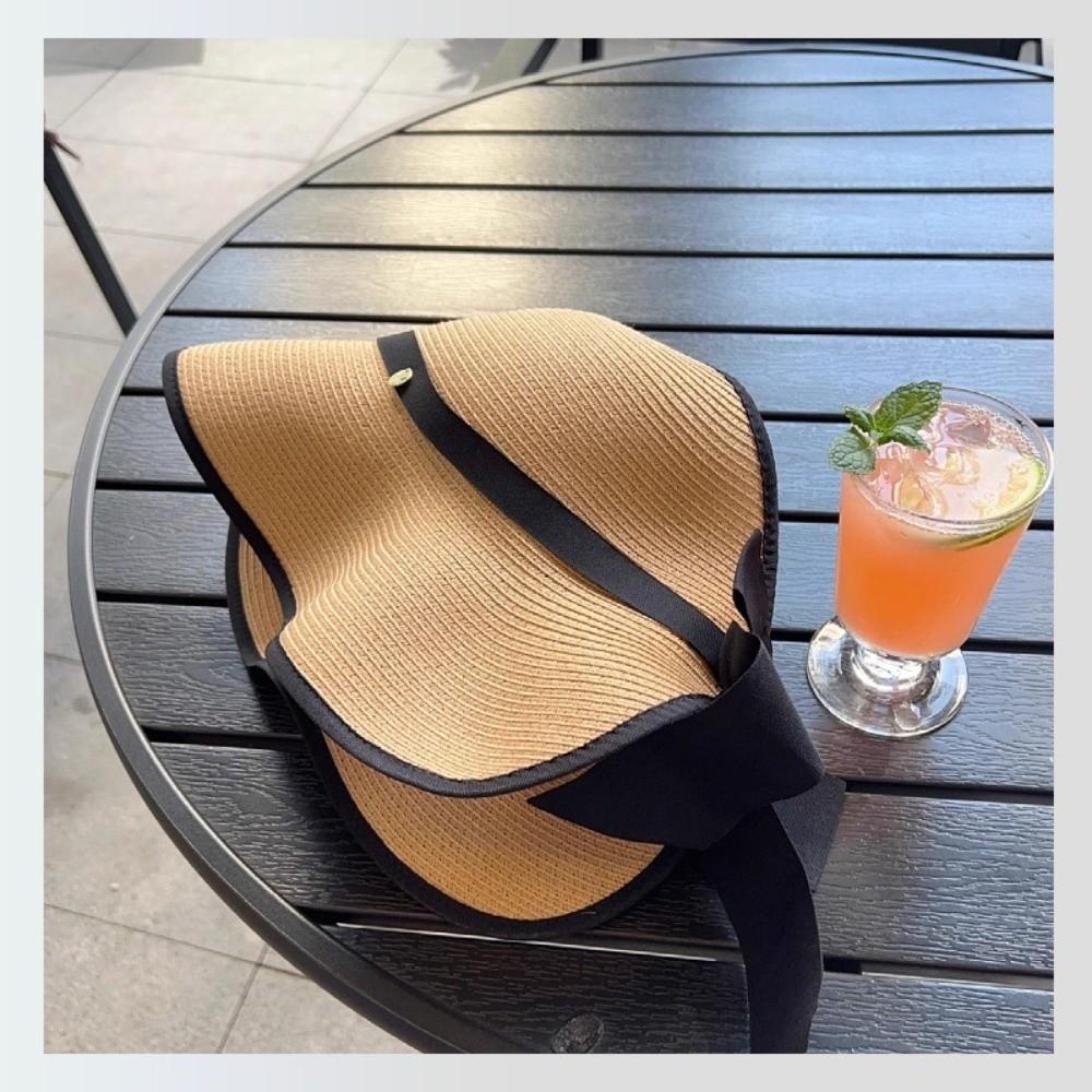 Large Brim Summer Straw Hat Bowknot Design Wide Brim Hat Elegant Empty Top Sun Hat for Women