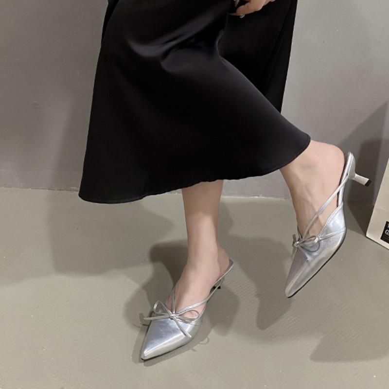 Fashion 2025 New Baotou Stiletto Slippers Summer New Pointed Toe Shallow Mouth Bow Slip Foot Anti-slip Wear-resistant High Heels