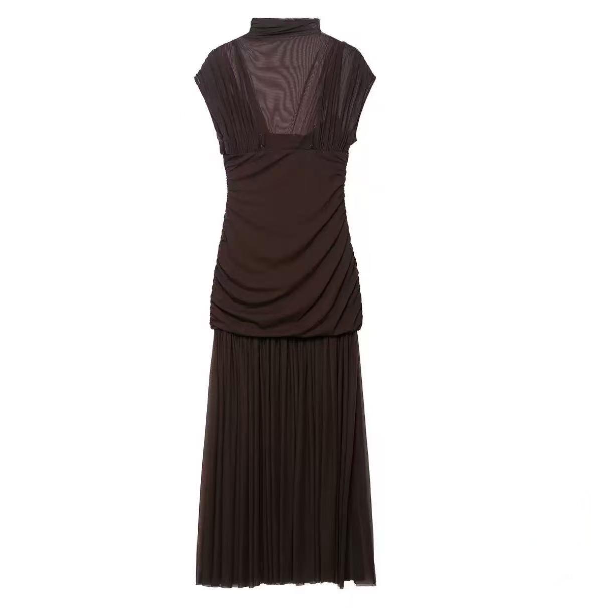 

Женское платье-футляр двойной слой с шелковой сеткой и оборками на приталенном силуэте, европейский и американский стиль, осень 2025 XXL кофейный