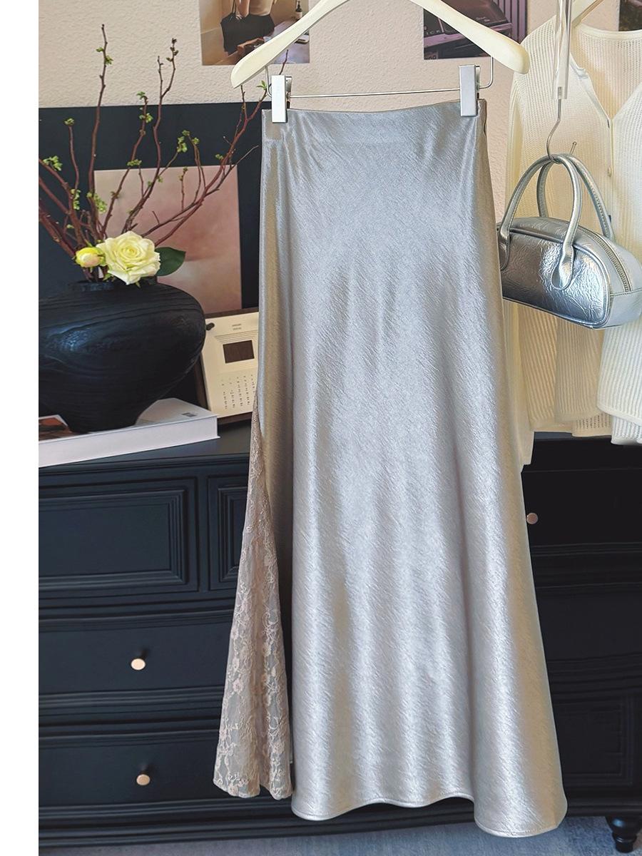 

Stunning French Lace Patchwork Fishtail Midi Skirt: Silk-like Satin, Elegant Slim-Fit for Women L хаки