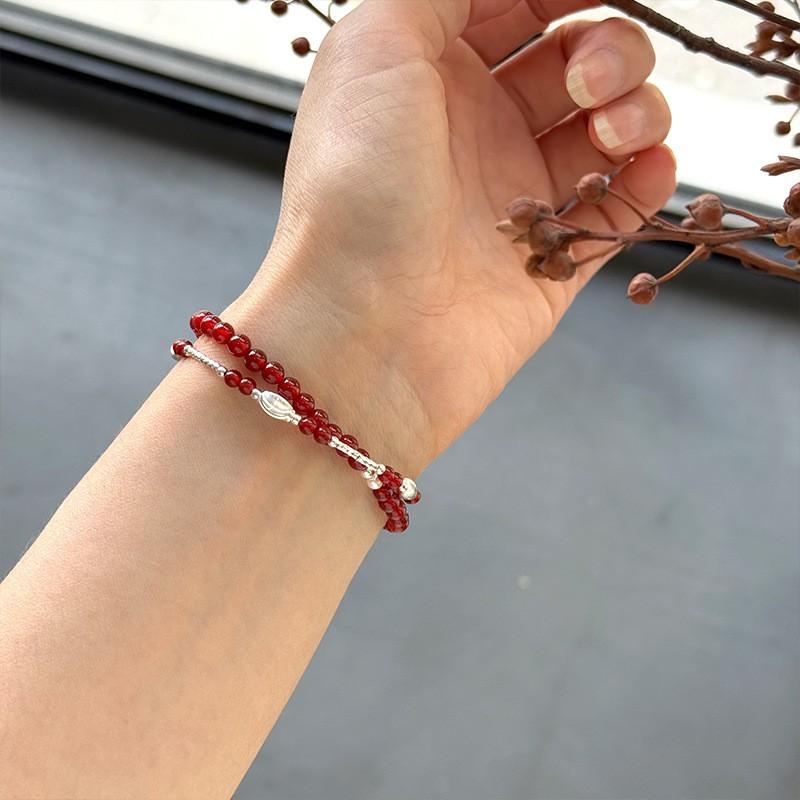 Sterling Red Agate Cat Eye Bead Bracelet Women Minimalist Fashion Stackable Wristband