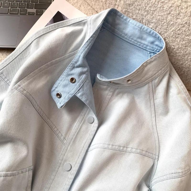 Women Color Denim Cropped Baseball Jacket Spring Korean Casual Round Neck Zip Up Outerwear for Petite Girls