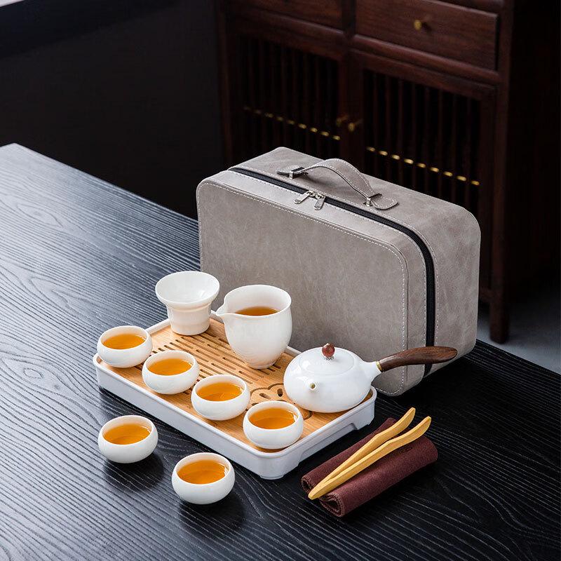 Portable Mutton Fat Jade Porcelain Travel Tea Set Siqiu Tea Tray White (Travel Bag)