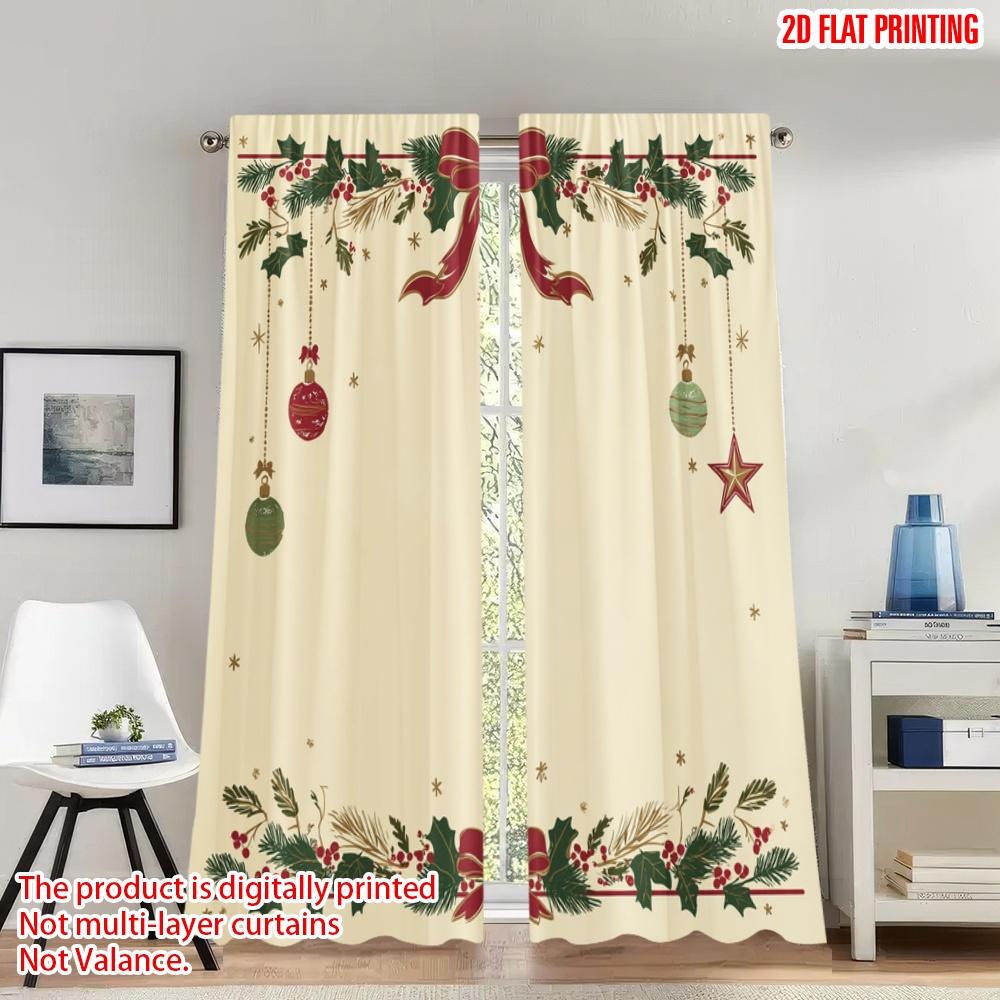 

Set Of 2 Flat Printing Happy Christmas Fashion Curtains Holly Bauble Bow Digital Printed Polyester Drapes Holiday Curtain W100*H70(CM)-Rod Pocket&2PCS