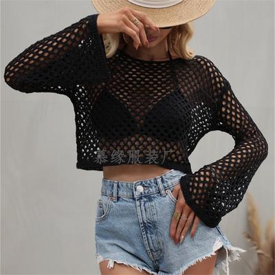 Spring and Summer New Pullover Knitted Sweater Trumpet Sleeve Loose Round Neck Hollow Out Sweater Women