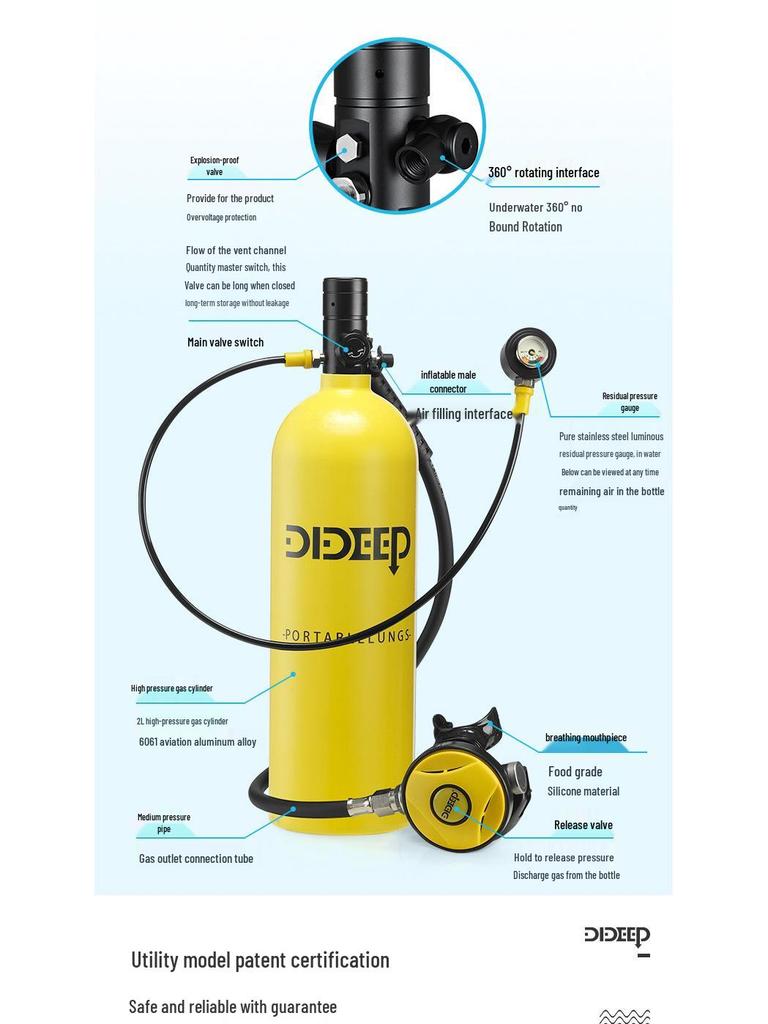 DIDEEP X5000Pro 2L Scuba Diving Equipment with Oxygen Tank & Residual Pressure Gauge
