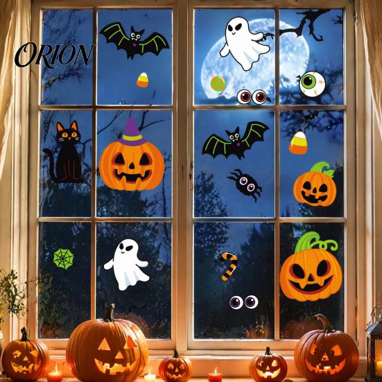 Cling Halloween Decor Cute Static Window Stickers, Pumpkin Ghost Bat Black Cat Glass Decals Decals, No Adhesive Removable Art for Home Storefront