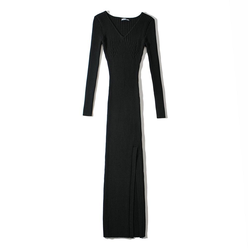 

2026 American Hot Girl Rib Knit V-Neck Bodycon Sweater Dress with Slim Fit and Split Hem One Size чёрный