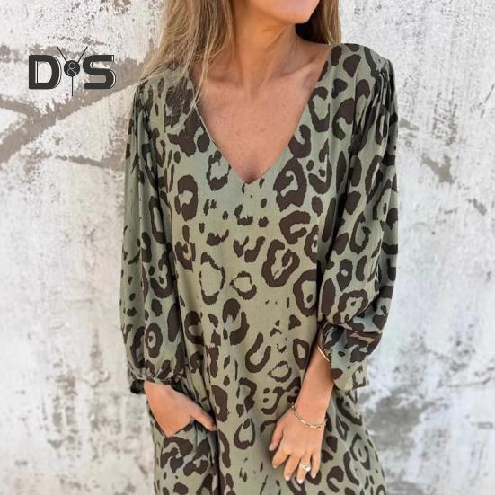 Women's Leopard Print Dress V-Neck Long Sleeve Maxi Dress Casual Loose Fit Spring Summer Dress for Office Daily Wear Vacation Party