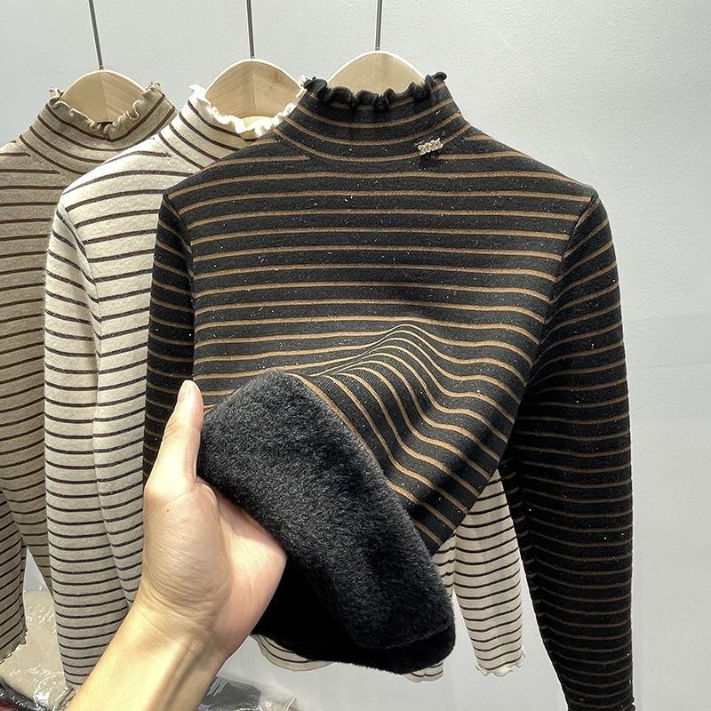 Autumn Winter Thickened Fleece-lined Pullover Elegant Long Sleeve Inner Wear Tops New Style Striped Warm Casual Tops Women 2025