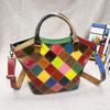 Wind Retro Leather Women'S Bag Colored Leather Rhombus Splicing Cowhide Handbag Messenger Bag Bag