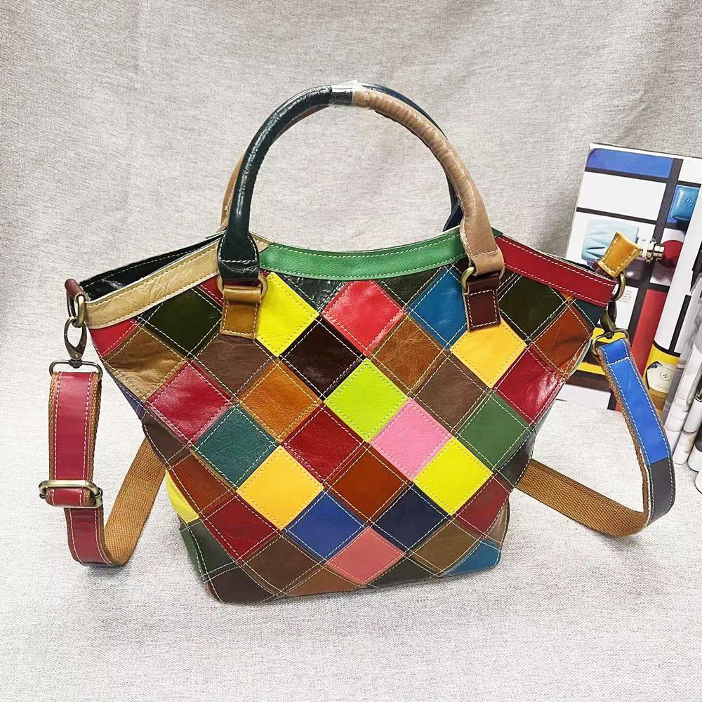 Borsa da Donna in Pelle Retro Wind Pelle Colorata Rombi Giuntati Borsa a Mano in Pelle di Mucca Borsa a Tracolla Borsa