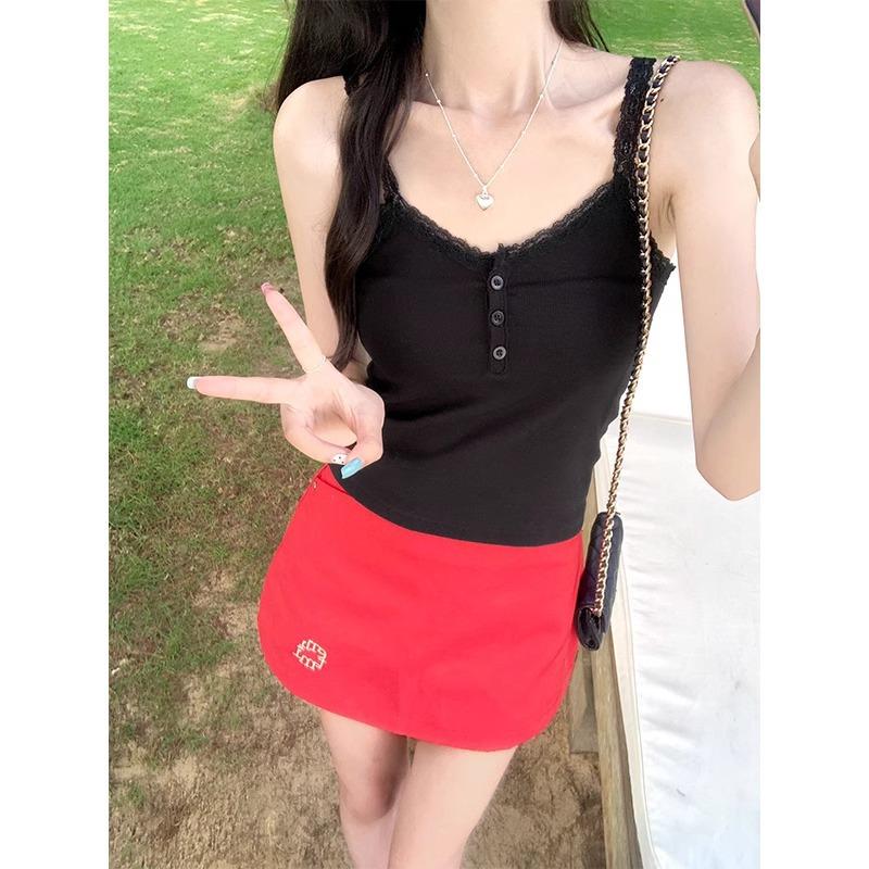 French Solid Color Simple Pure Lust Lace Sleeveless Top Elastic Slimming Off-shoulder Summer Women's Small Suspender Belt