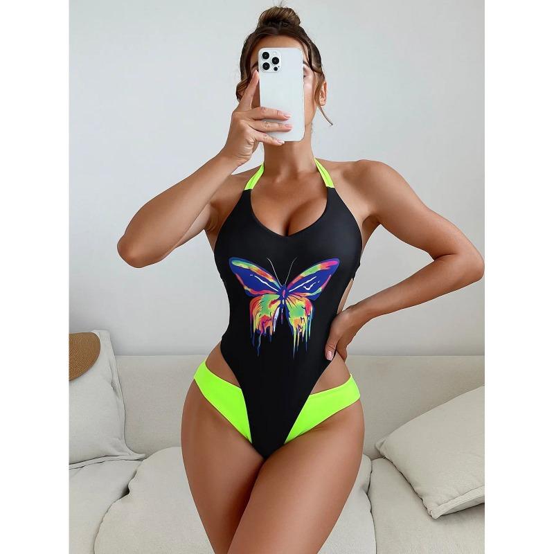 High Cut One Piece Swimsuit Women Summer Neon Patchwork Backless 1 Onepiece Swimwear Swimming Suit For Women Bathing Suit
