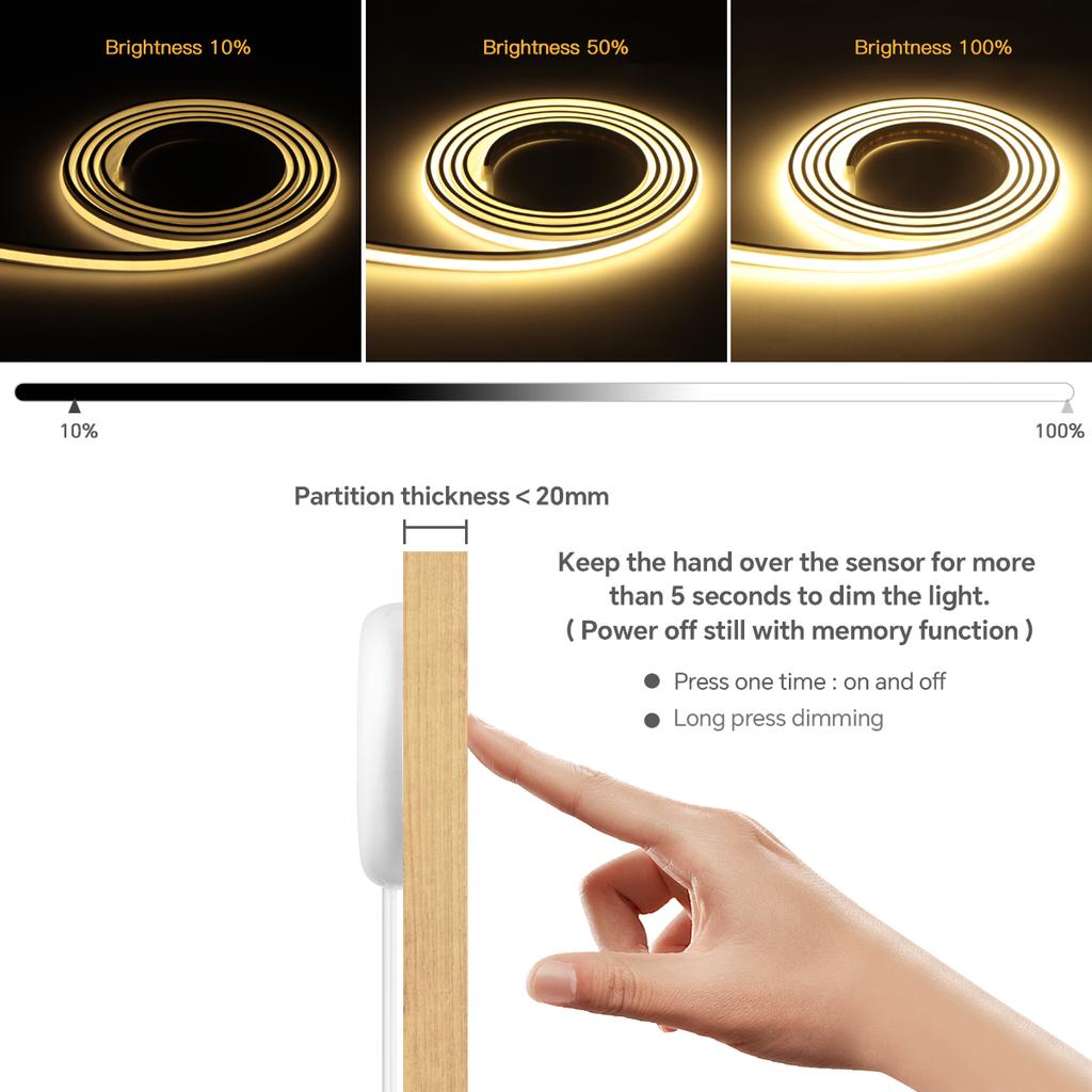 High End Under Cabinet LED Neon Light Strip 24V COB Neon Tape Penetrabe Wood Touch Sensor Dimmer Kitchen Closet Wardrobe Decor