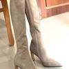 2025 Autumn and Winter New French Temperament Apricot Suede Elastic Thin Boots But Knee Knight High Boots Thick Heel