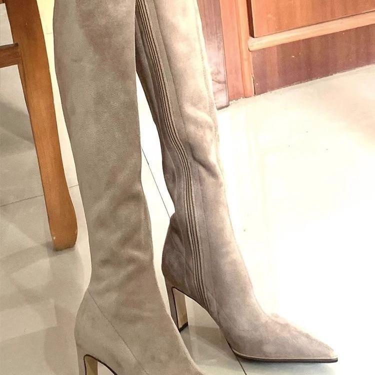 2025 autumn and winter new French temperament apricot suede elastic thin boots but knee knight high boots thick heel