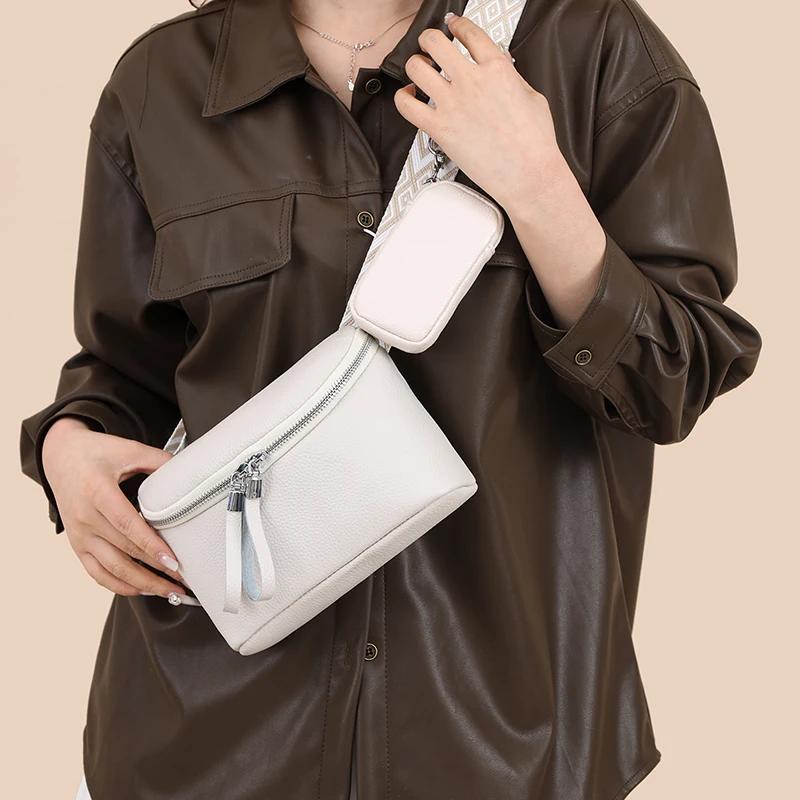 Two In One Women Vintage Underarm Bags  Cowhide Leather Shoulder Bag Multipocket Adjustable Strap Female Commute Daily Bags