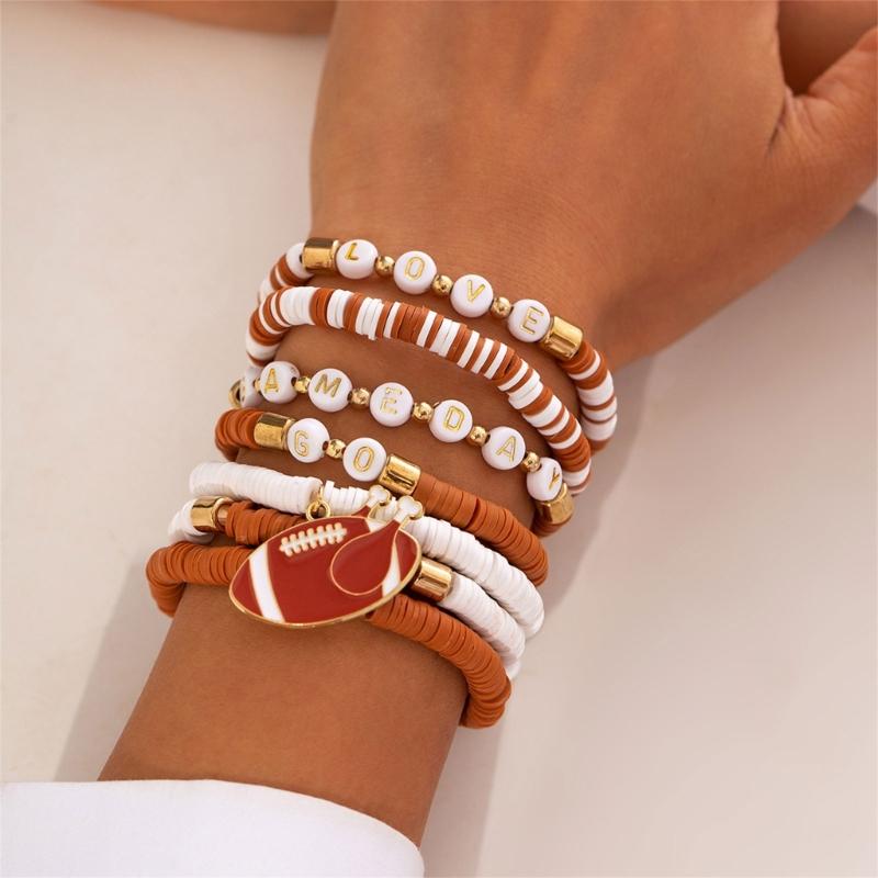 Versatile Unisex Football Charm Letter Beaded Bracelet Elastic Band Handchain for Everyday Wear Street Hand Jewelry