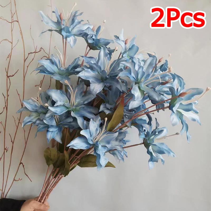 

1PC Artificial Tiger Skin Lily Bouquet Office Decoration Long Stem Thanksgiving With 3 Lily Buds Family Gathering 2PC синий