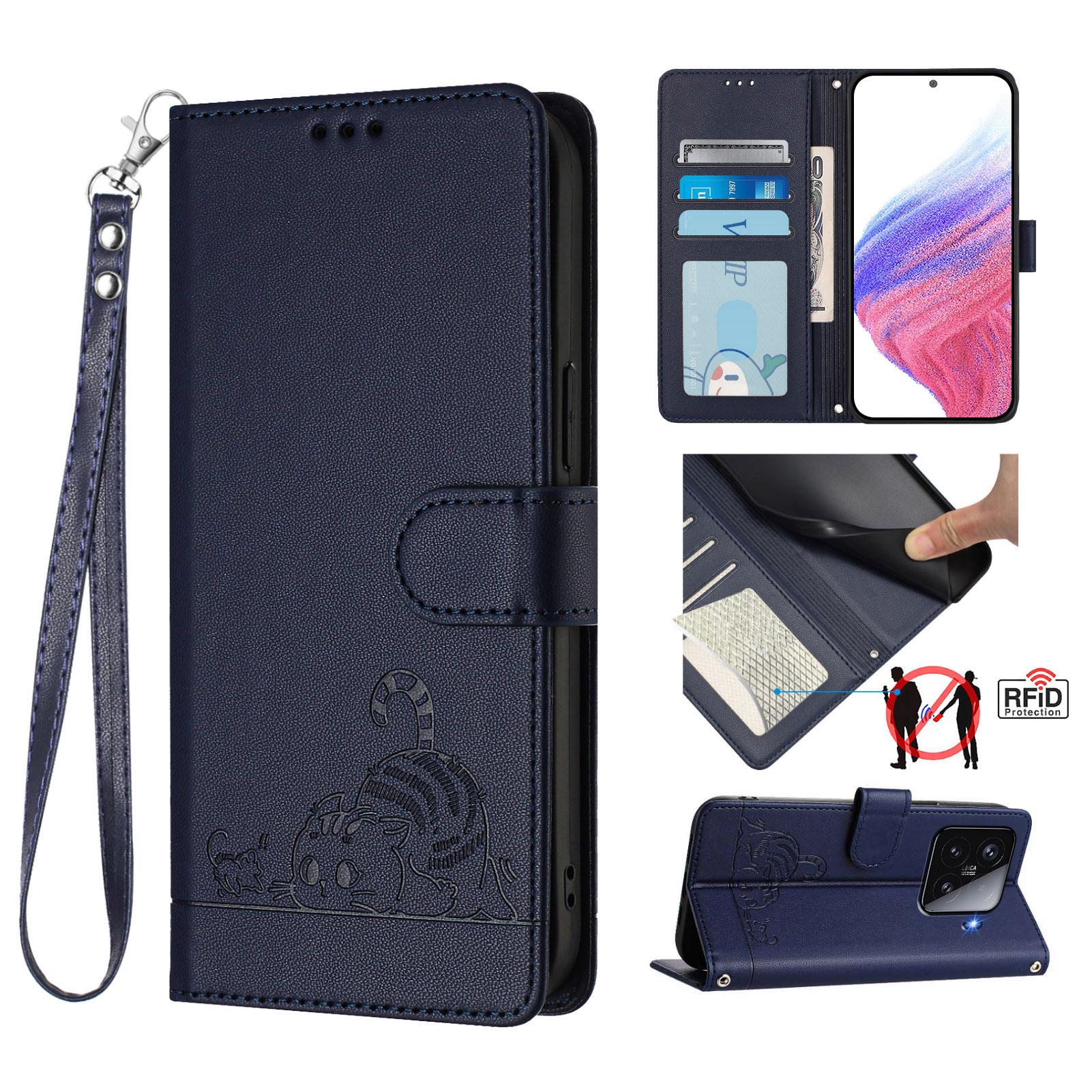 

For Xiaomi 15 Case with Strap RFID Blocking Leather Wallet Phone Cover Cat Mouse Pattern Sapphire