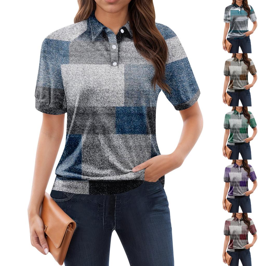 Women's Casual Floral Print V-Neck Short Sleeve Decorative Button T-Shirt Top