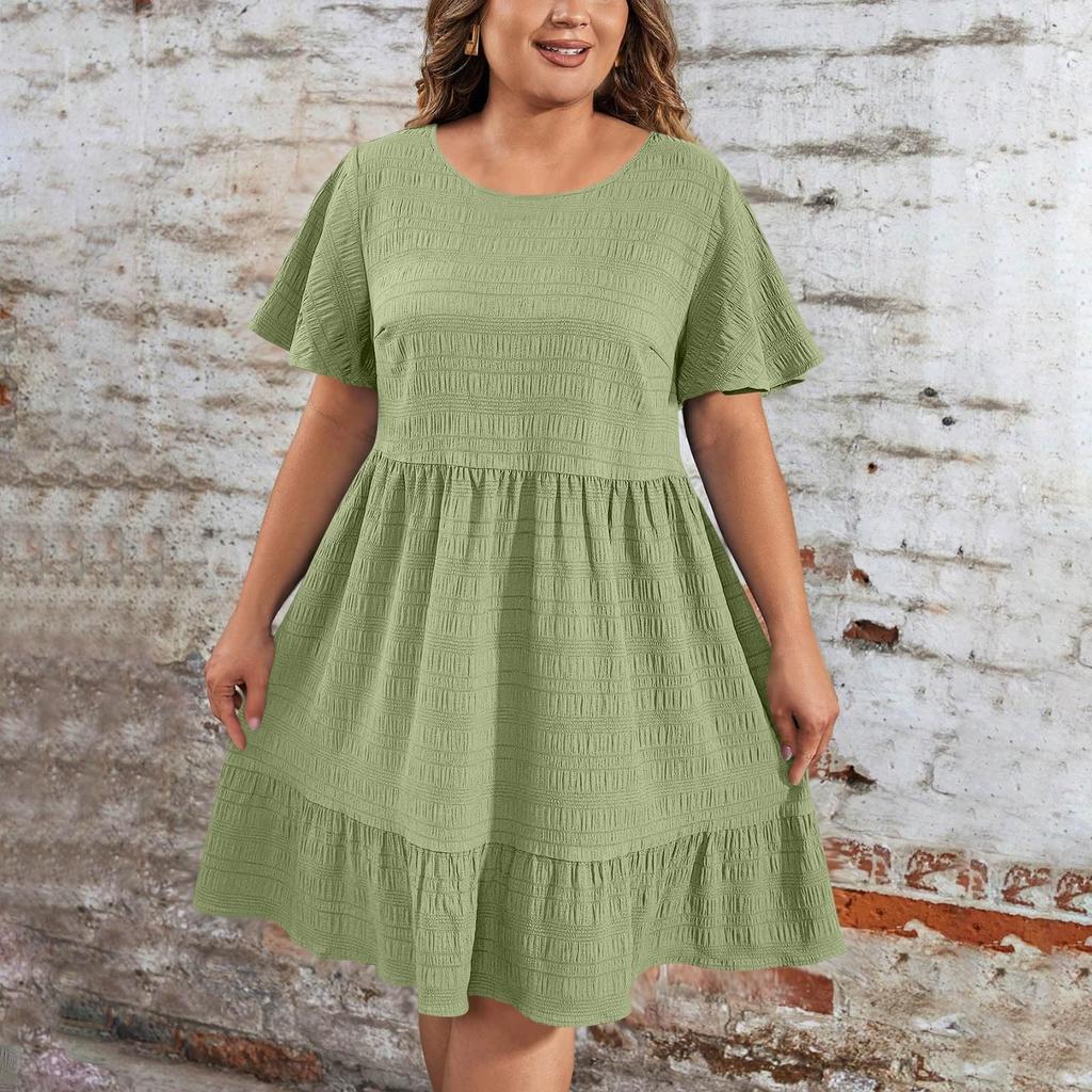 Ladies' Large Size Casual And Fashionable Solid Color Dress, Loose Short Sleeved Waist Cinched Dress