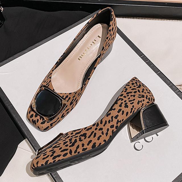 

Большие размеры 35–43, женские туфли-лодочки с леопардовым принтом на массивном каблуке, модные офисные женские кожаные туфли без шнуровки на среднем каблуке с квадратным носком и пряжкой 41