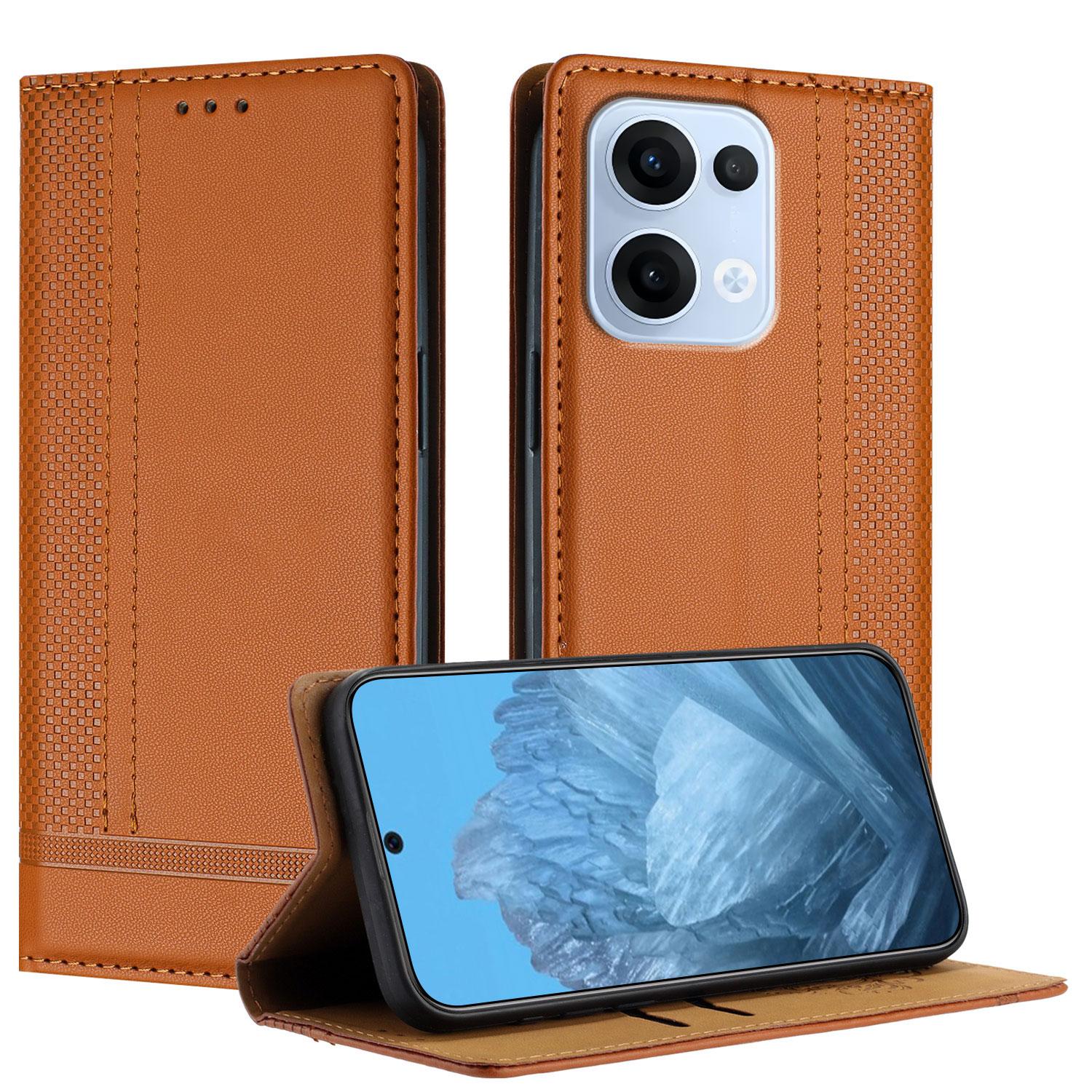 

For Oppo Reno13 5G (Global) Case L-Shaped Grid Pattern Leather Stand Phone Cover with Card Slots Brown