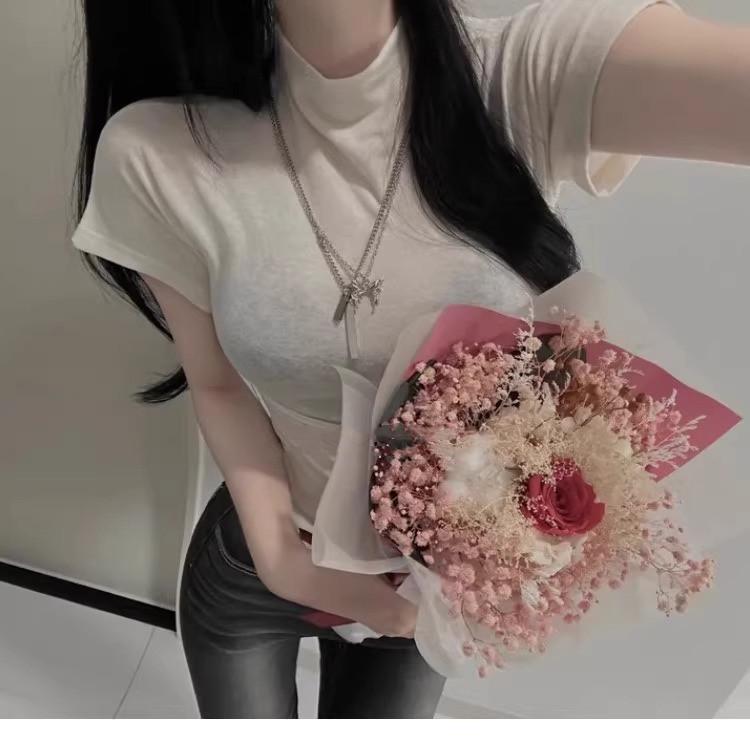 Women's Korean Dongdaemun Curved Hem High-Neck T-Shirt - Sexy, Figure-Flattering Short Sleeves