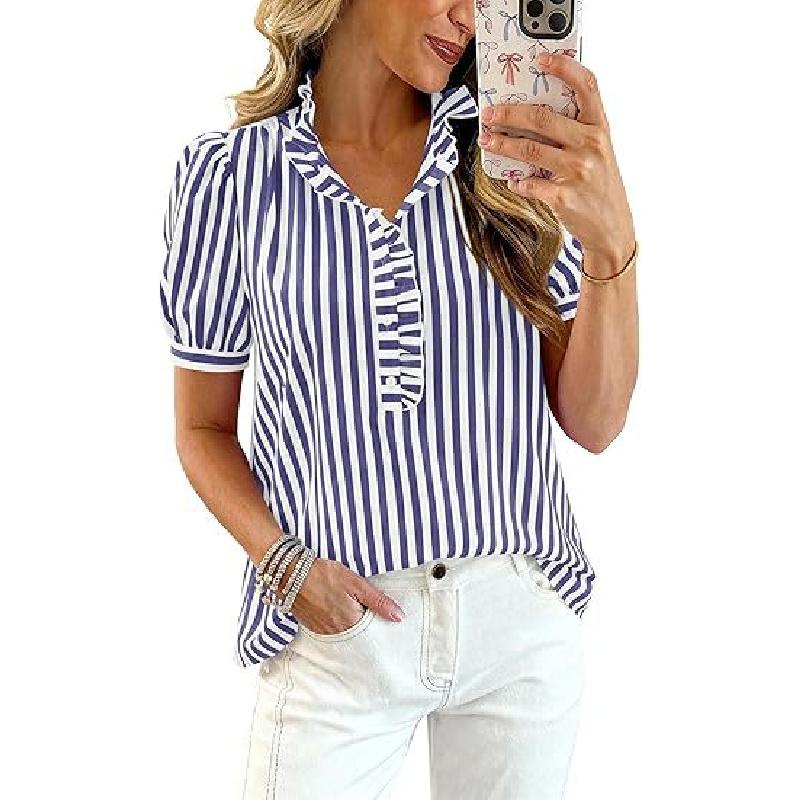 2026 Summer Top Striped Plaid Ruffle Puff Short Sleeve V-Neck Button Women's Casual Shirt