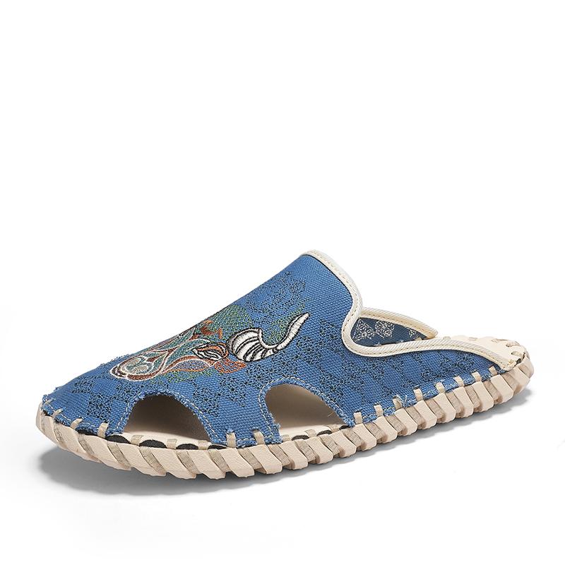 Fashion Men Canvas Embroidered Close Toe Slippers Handmade Mens Embroidery Summer Flat Shoes Comfortable Denim Shoes for Man