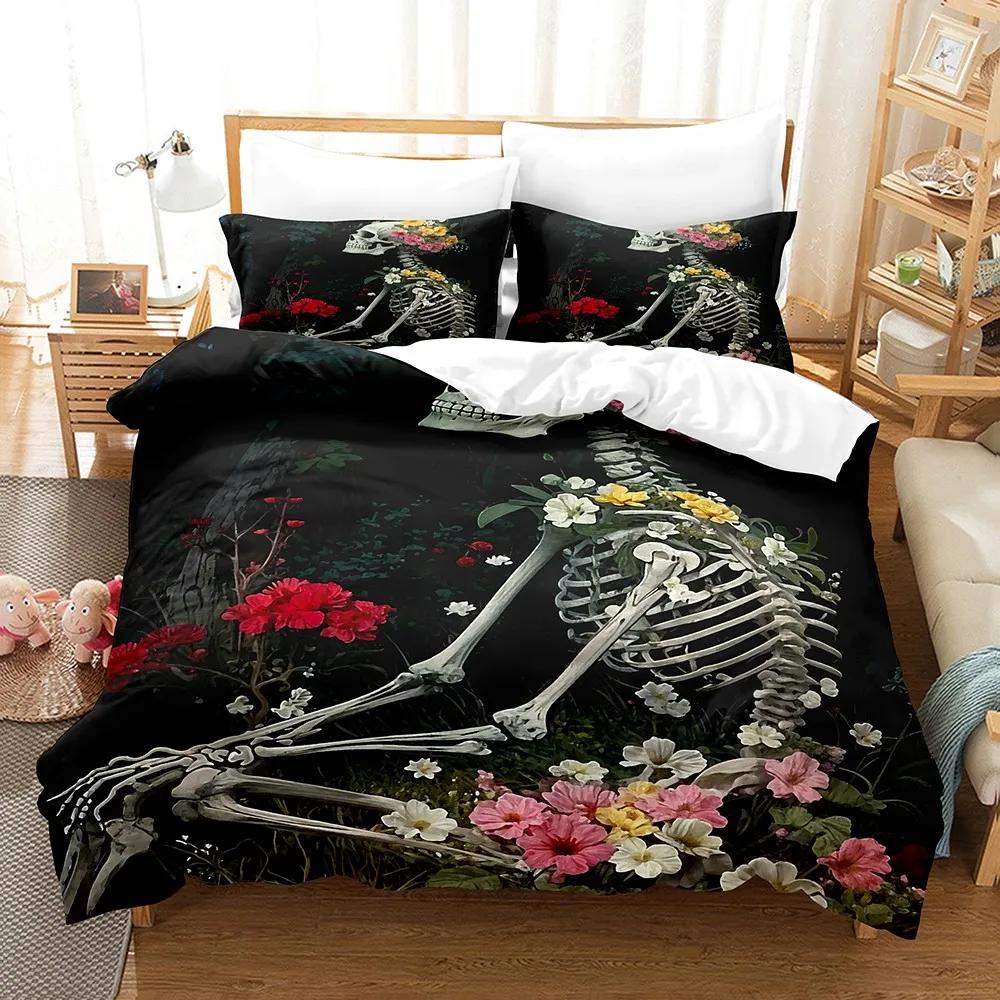 

3pcs Halloween Bedding Set Cartoon Skeleton Pattern Bedroom Decor Soft Fiber for Kids Halloween Decoration Bedding Set EU Twin(135x200cm)