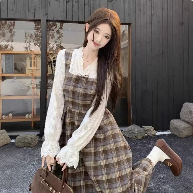Women's Plus Size French Plaid Wool Dress Set - Waist-Cinched Slimming Long Skirt
