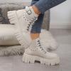 Punk Metal Belt Buckle Lace Up Boots Women 2025 Winter Thick Bottom Medium Heel Ankle Boots Fashion Solid Pu Shoes Size 42